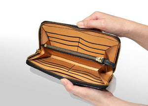 ファスナー長財布：キャビアブラック（内装色：キャメル） - ルナロッサ・ヨッピー